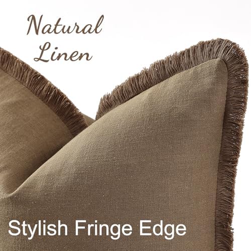 decorUhome Linen Fringe Light Brown Throw Pillow Covers 16x16 Set of 2 - Image 2