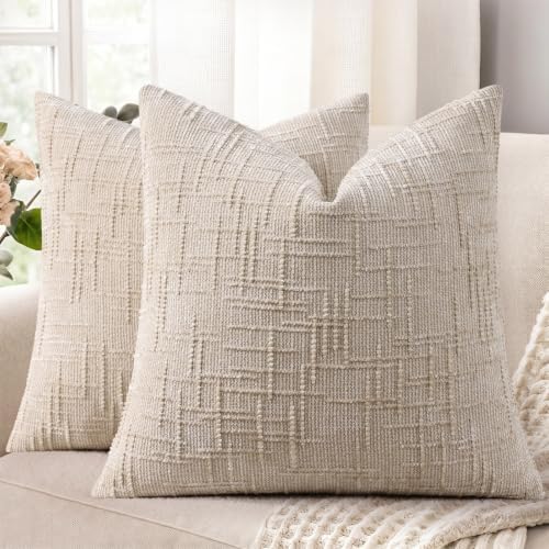 decorUhome Textured Chenille Throw Pillow Covers 20x20 Set of 2 Ivory by decorUhome