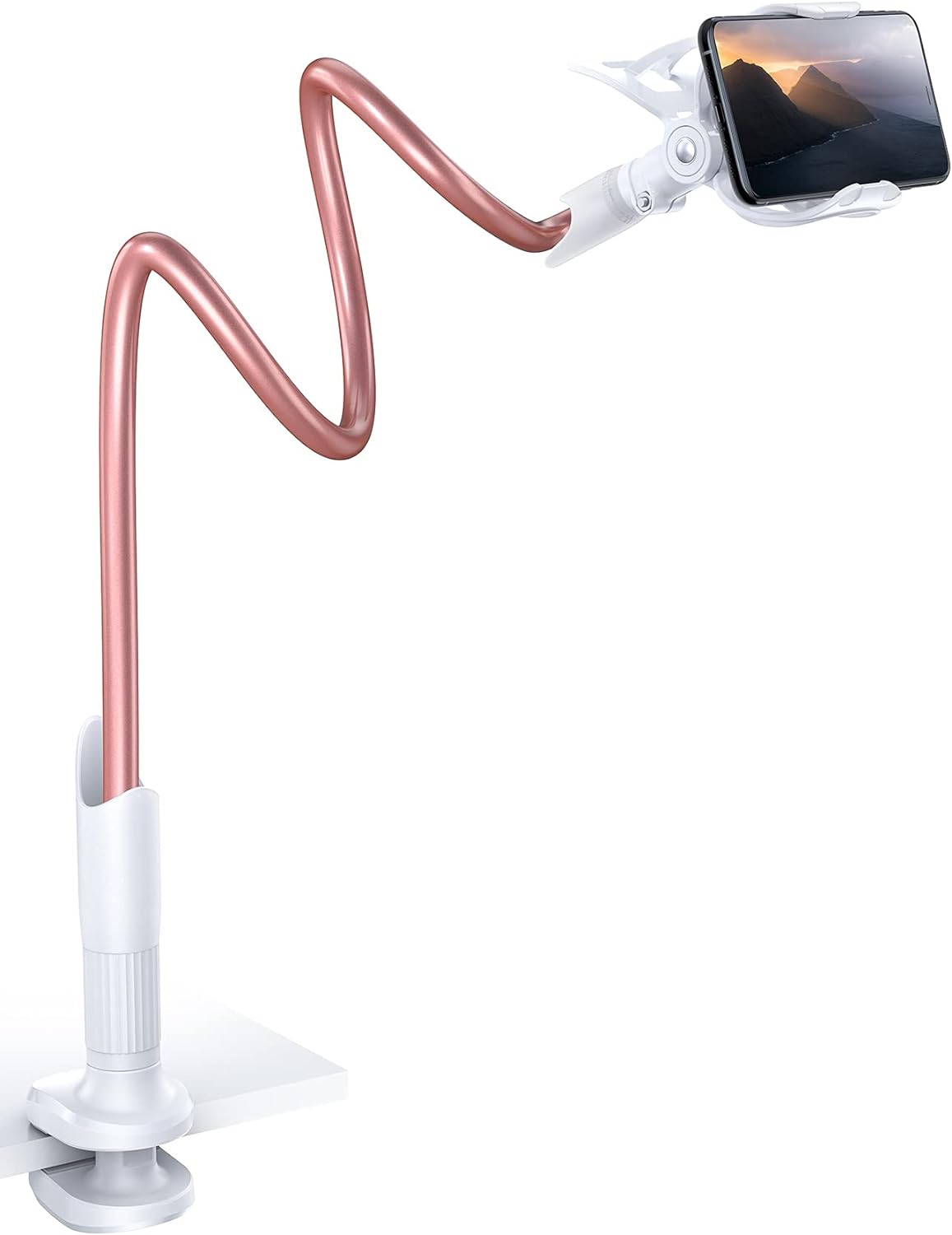 Lamicall Phone Holder Bed Gooseneck Mount - Cell Phone Clamp Clip for Desk, Flexible Lazy Long Arm Headboard Bedside, Overhead Mount Stand, for 4-7" Phone, iPhone 15 Pro Max, 14 Plus, 13, Rose Gold
