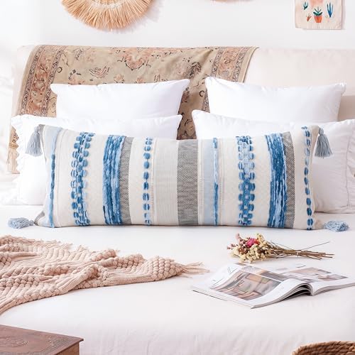 PANOD Boho Long Lumbar Throw Pillow Cover 14 x 36 Blue, Chenille Morocan Extra - Image 2