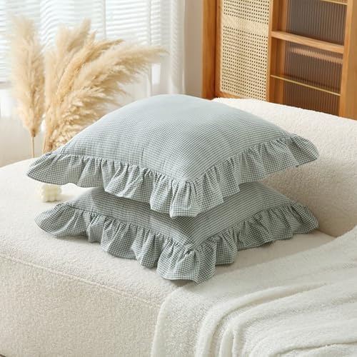 Gingham Throw Pillow Covers 18x18, Ruffle Trim - Image 6