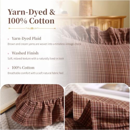 Gingham Throw Pillow Covers 18x18, Rust Red & Brown Plaid - Image 3
