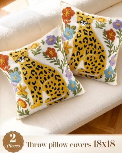 Animal Embroidered Throw Pillow Covers 18x18 Inch, Leopard Floral - Image 4