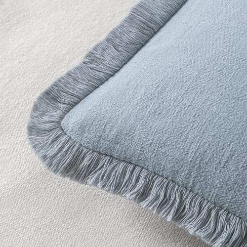 MIULEE Boho Linen Fringe Decorative Throw Pillow Covers Light Blue 18x18 - Image 3
