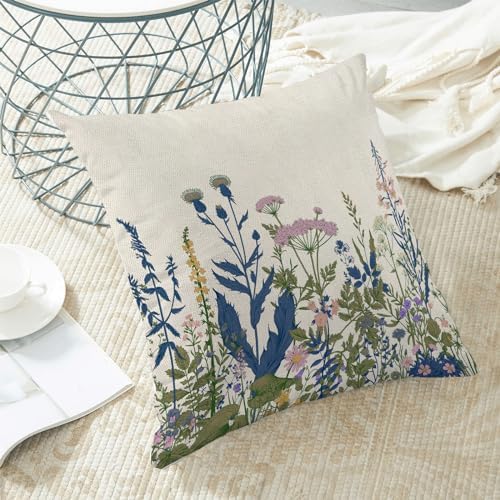 AEIOAE Navy Blue Teal Pillow Covers 18x18 Inch Set of 2, Spring Wildflower - Image 4