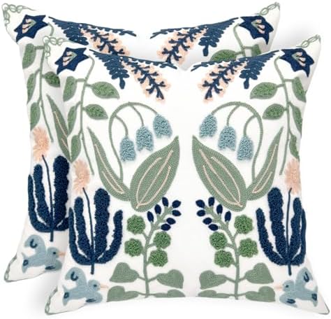 Alysheer Floral Embroidered Throw Pillow Cover 20"x 20" Set of 2 Blue Green by Alysheer