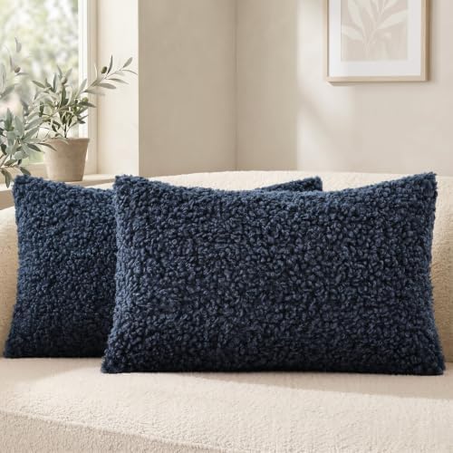 decorUhome Sherpa Decorative Throw Pillow Covers 12x20 Set of 2 Navy Blue by decorUhome