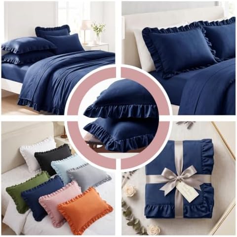Set of 2 Brushed Microfiber Ruffle Pillow Cases Queen Size Navy Blue - Image 4