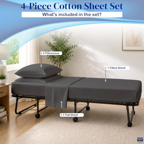 Cottingon 4 PC Cot Sheet Set 33"X75", Egyptian Cotton, Dark Grey - Image 4