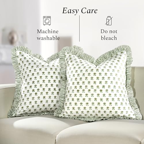 CPC Lotus Meadow Hand Block Print 100% Cotton Ruffle Throw Pillow Cover 24x24 - Image 4