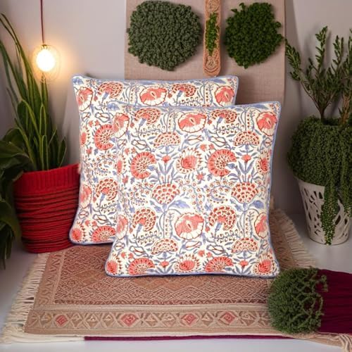 Ridhi Block Print Flamingo Pink Pillow Cover 18" x 18" Decorative Couch Pillows - Image 2