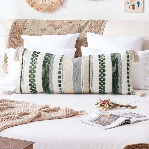 PANOD Boho Long Lumbar Throw Pillow Cover 16 x 36 Dark Green, Chenille Morocan - Image 2