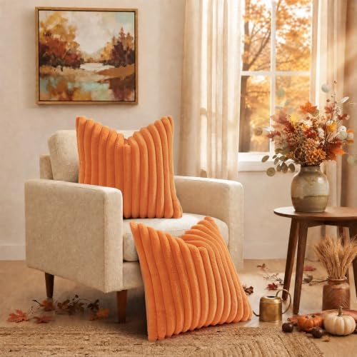 decorUhome Fall Faux Fur Throw Pillow Covers 18x18 Set of 2 Pumpkin Orange - Image 2