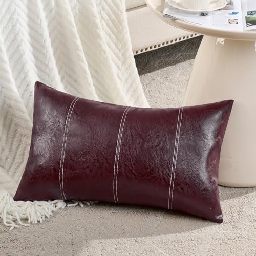 Fancy Homi Burgundy Long Lumbar Faux Leather Decorative Throw Pillow Covers by Fancy+Homi