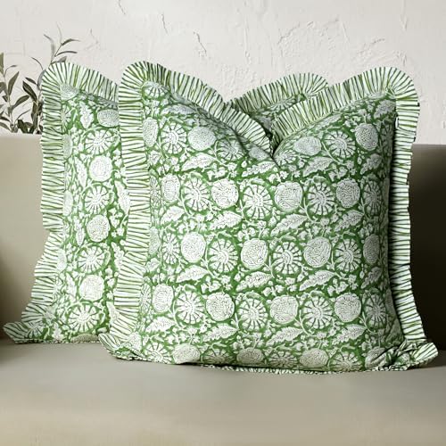 CPC Olive Bloom Hand Block Print 100% Cotton Ruffle Throw Pillow Cover 20x20 by COTTONPRINTCLUB