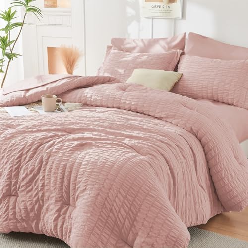 HYMOKEGE Rose Gold Oversized King Comforter Set Seersucker 7 Pieces, All Season by HYMOKEGE