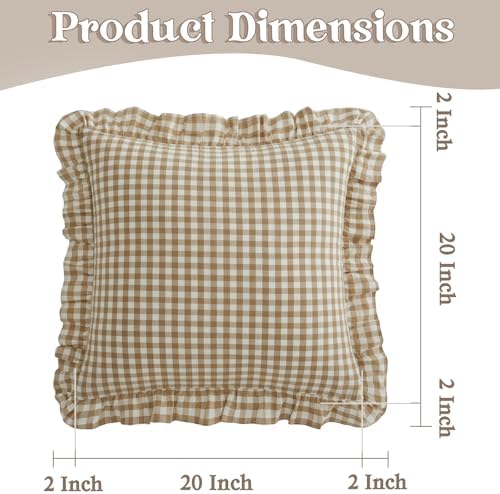 KKJIAF 2 Pcs Ruffle Gingham Pillow Covers 20" x 20", Taupe/White Plaid - Image 2
