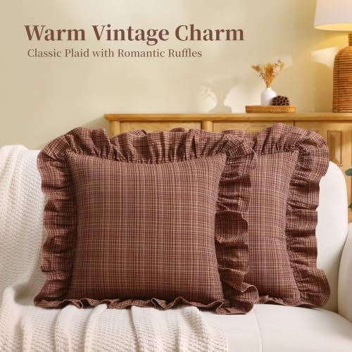 Gingham Throw Pillow Covers 18x18, Rust Red & Brown Plaid - Image 2