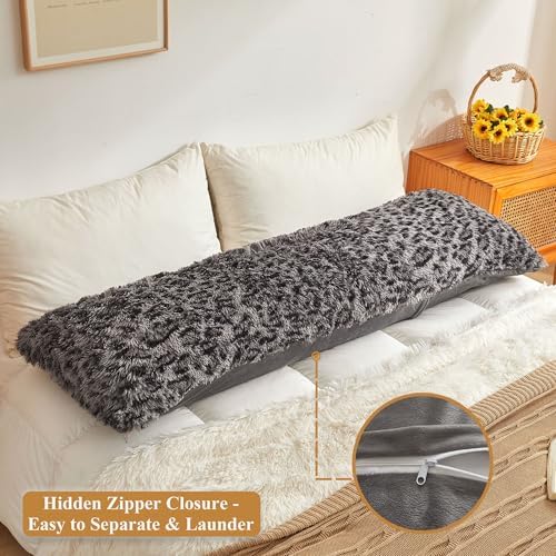 XeGe 20x54 Fluffy Leopard Print Body Pillow Cover, Cheetah Light Grey - Image 3
