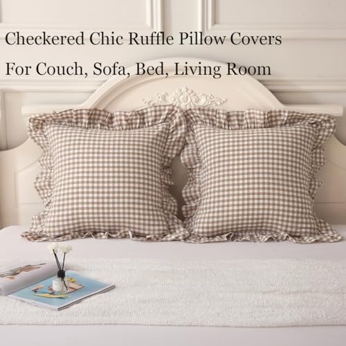 Silnuo 2 Pack Taupe/White Plaid Ruffle Throw Pillow Covers 18"x18" - Image 2