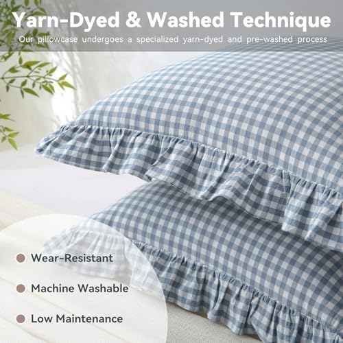 Gingham Throw Pillow Covers 24x24, Dusty Blue, Ruffle Trim, 2 Pack - Image 4