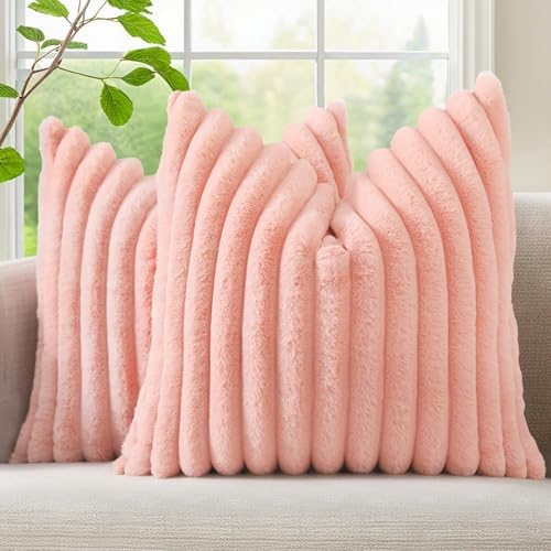 decorUhome Fall Faux Fur Throw Pillow Covers 18x18 Set of 2 Blush Pink by decorUhome