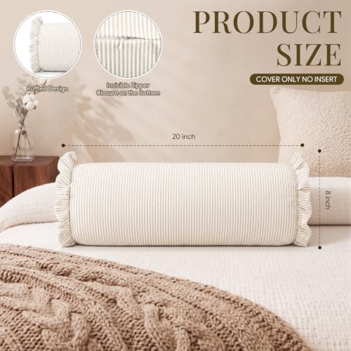 Ruffle Bolster Pillow Cover 8" x 20" Neutral Tan Stripe Print - Image 2