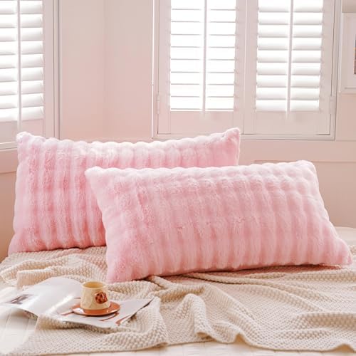 Set of 2 Faux Fur Pillowcases, Luxury Bubble Waffle Carved Plush King Size by Uhamho