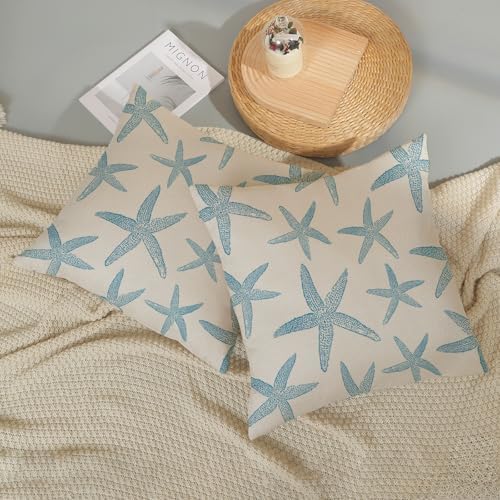 Blue Starfish Pillow Covers 18x18 Set of 2 Coastal Throw Pillows Spring Summer - Image 5