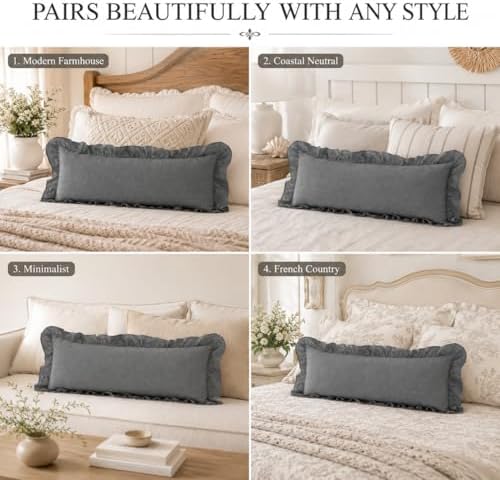 JoraLion Ruffled Lumbar Pillow Cover 14x36 Solid Gray - Image 3