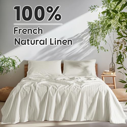 SONORO KATE 100% French Linen Queen Size Sheets Set, Natural Flax Bedding - Image 2