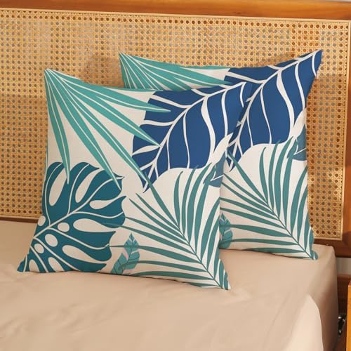 Tropical Pillow Covers 20x20 Set of 2 Navy Blue Aqua Teal Monstera Palm Leaf - Image 3