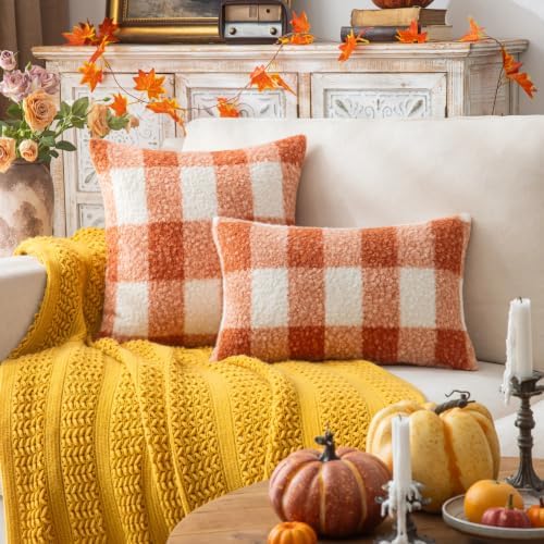 AQOTHES Plaid Fall Throw Pillow Covers Orange Write 12x20 Inch Set of 2 - Image 2