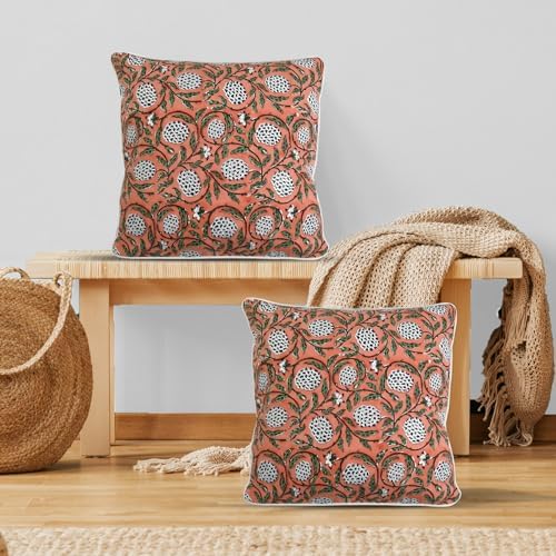 Ridhi Block Print Dark Salmon Pink Pillow Cover 24" x 24" Decorative Couch - Image 2