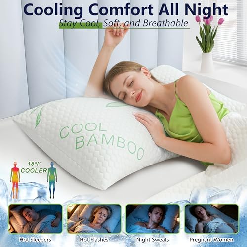 Bamboo Pillows, Cooling Pillows Queen Size Set of 2 Adjustable Firm Memory Foam - Image 2