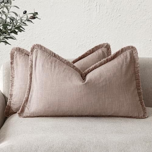 Foindtower Boho Linen Fringe Lumbar Throw Pillow Covers 12×20 Dusty Pink by Foindtower