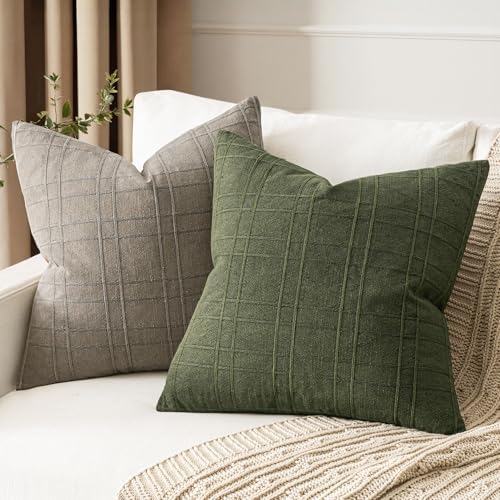 MIULEE Linen Plaid Pillow Covers Decorative 20x20 Dark Olive Green - Image 3