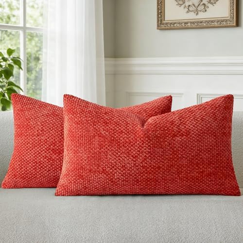 a moment Red Chenille Throw Pillow Covers 12x20 Inch Pack of 2 Modern by amoment