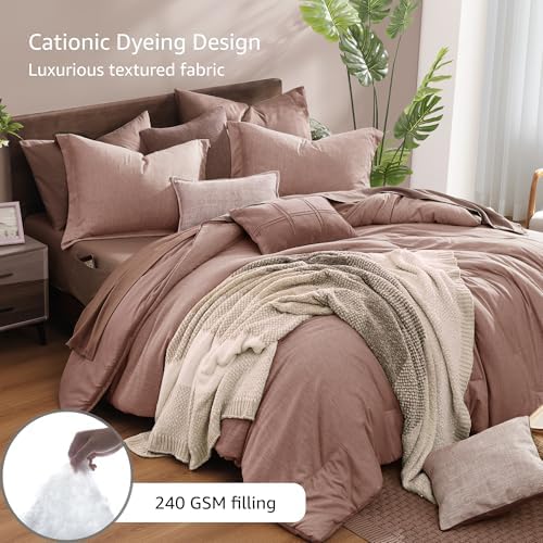 Monbix Full Comforter Set 7 Pieces Dusty Pink Cationic Dyeing Bed in a Bag - Image 3