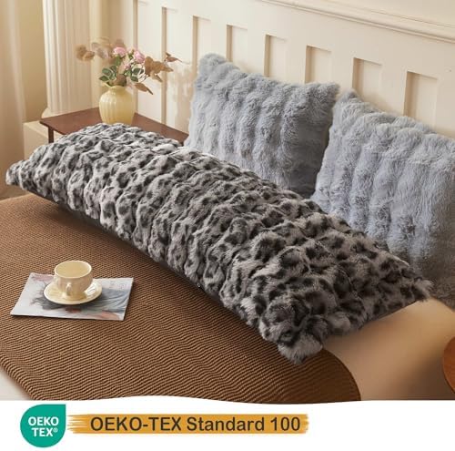 LIFEREVO Leopard Print Body Pillow Cover 20x54, Soft Faux Rabbit Fur Gray - Image 3
