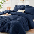 HYMOKEGE Navy Blue Queen Comforter Set Seersucker 7 Pieces, All Season Luxury by HYMOKEGE