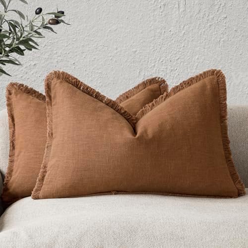 Foindtower Boho Linen Fringe Lumbar Throw Pillow Covers 12×24 Orange Brown by Foindtower