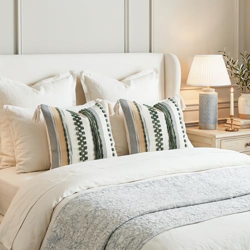 PANOD Chenille Farmhouse Throw Pillow Covers 18 x 18 Dark Green, Neutral Boucle - Image 6