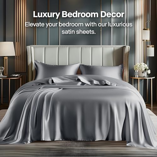 BEDELITE Satin Sheets Full Size Bed Set, Dark Grey, 4 Pieces - Image 2