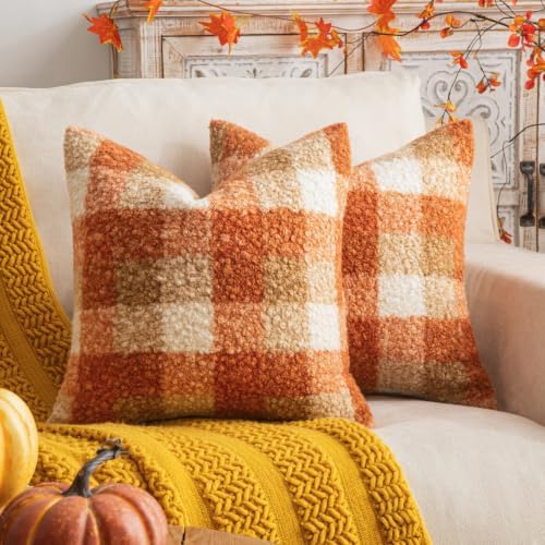 AQOTHES Plaid Fall Throw Pillow Covers Orange 18x18 Inch Set of 2 by AQOTHES