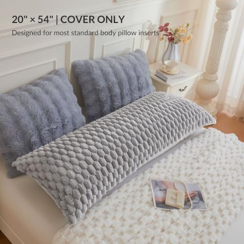 XeGe 3D Bubble Fluffy Faux Rabbit Fur Body Pillow Cover 20x54, Light Grey - Image 3