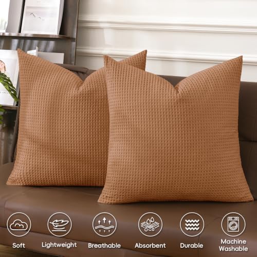 PHF Cotton Waffle Euro Shams 26" x 26", Cinnamon Brown, No Insert - Image 3
