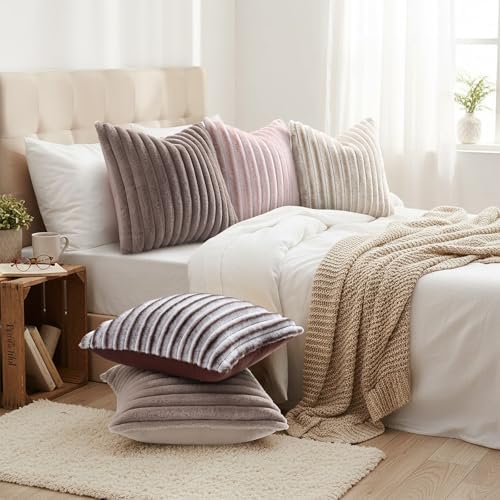 decorUhome Fall Faux Fur Throw Pillow Covers 18x18 Set of 2 Tan - Image 6