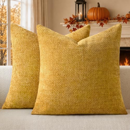a moment Fall Mustard Yellow Chenille Throw Pillow Covers 18x18 Inch Pack of 2 by amoment