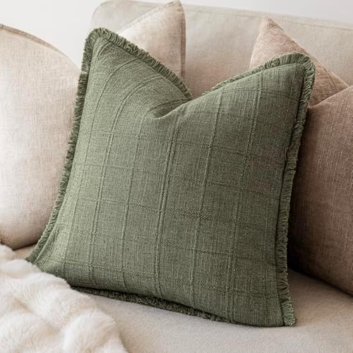 Foindtower Set of 2 Decorative Linen Check Fringe Throw Pillow Covers Farmhouse - Image 5